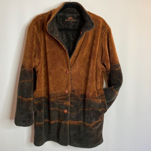 Vintage Denali Reversible Teddy Sherpa Jacket Scenic/Solid Leather Button Size L - Picture 1 of 15